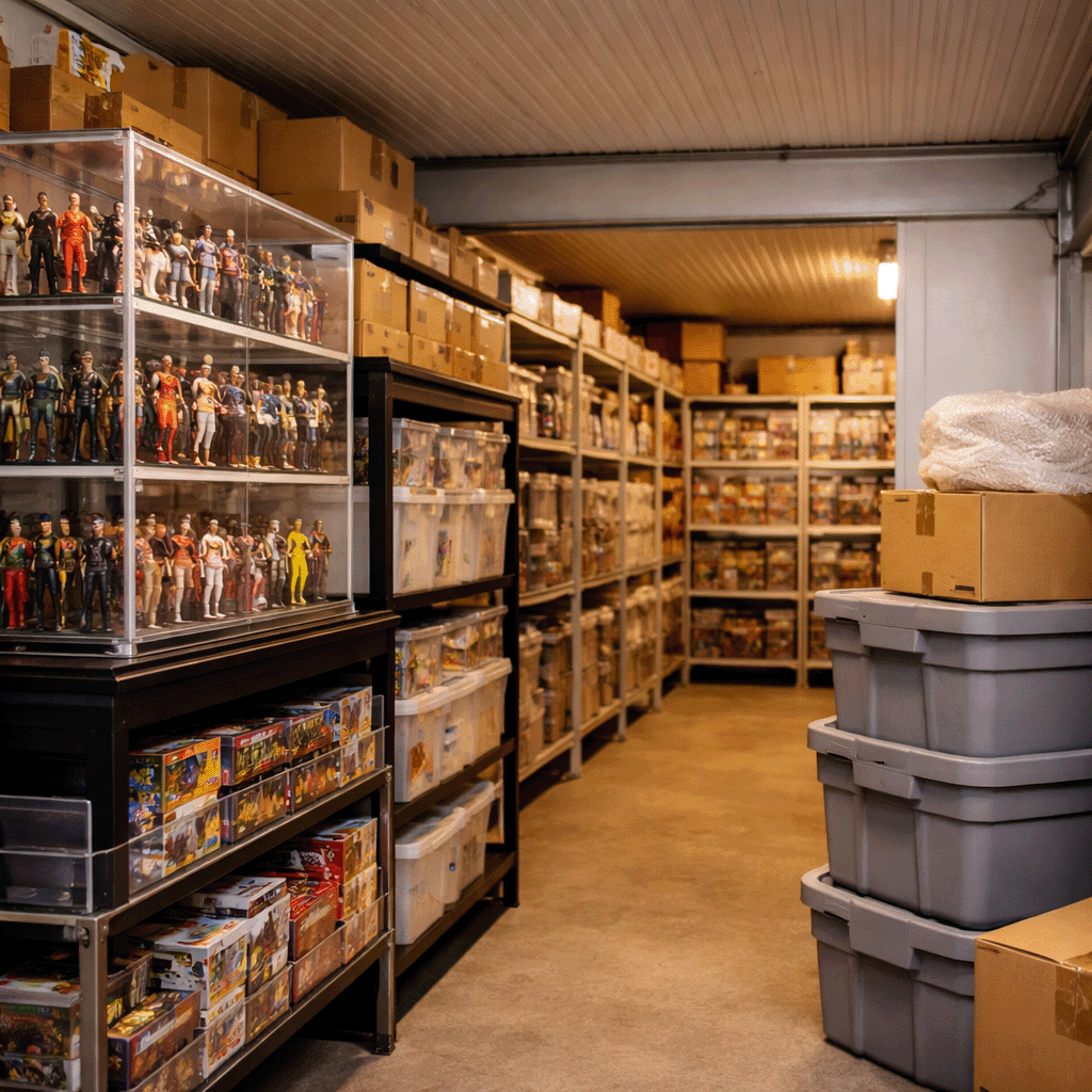 Heated storage unit filled with collectables in a bright secure montreal mini-storage facility